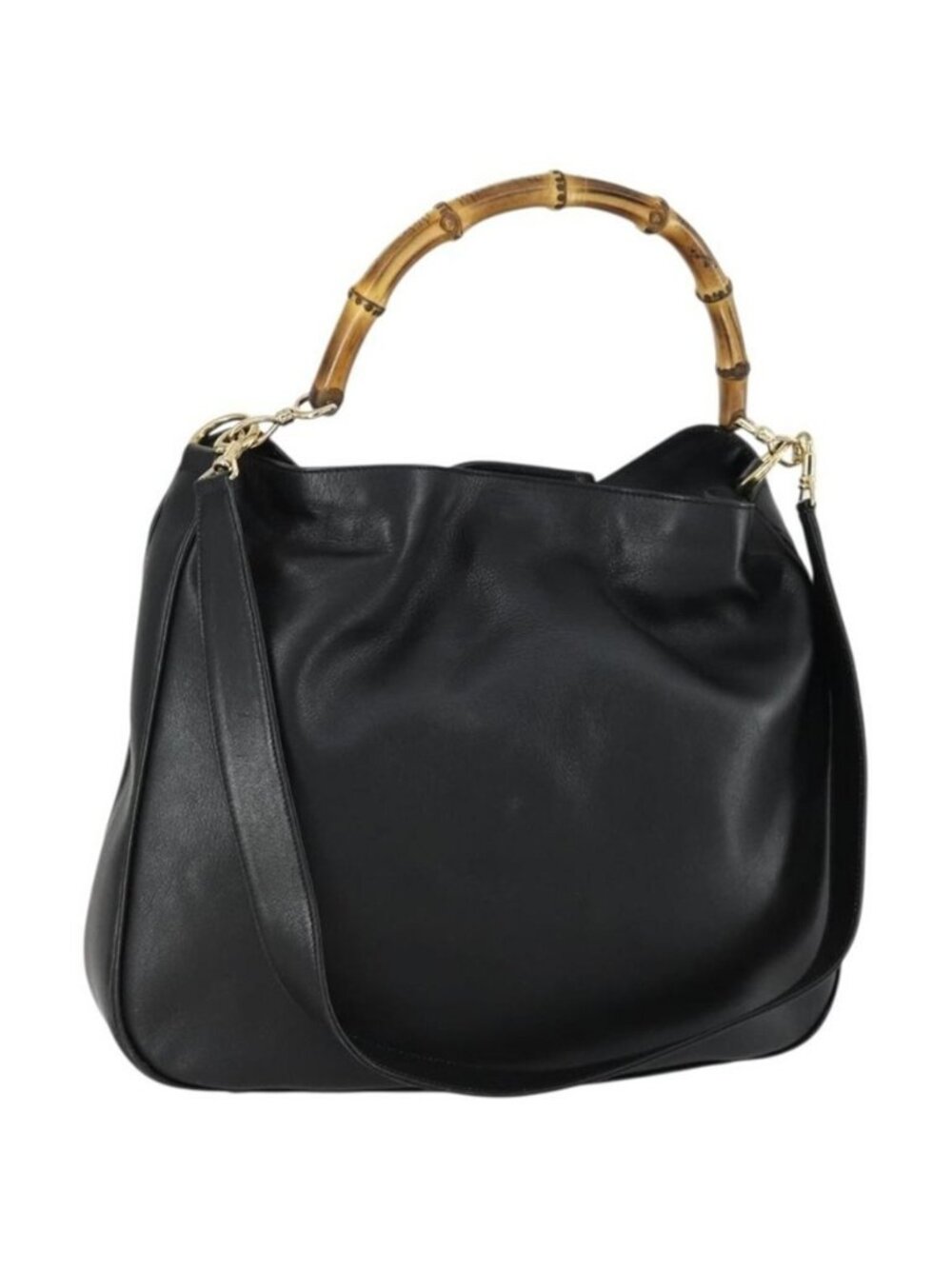 Authentic GUCCI Bamboo Shoulder Bag Leather 2way Black Gold 001 1577
